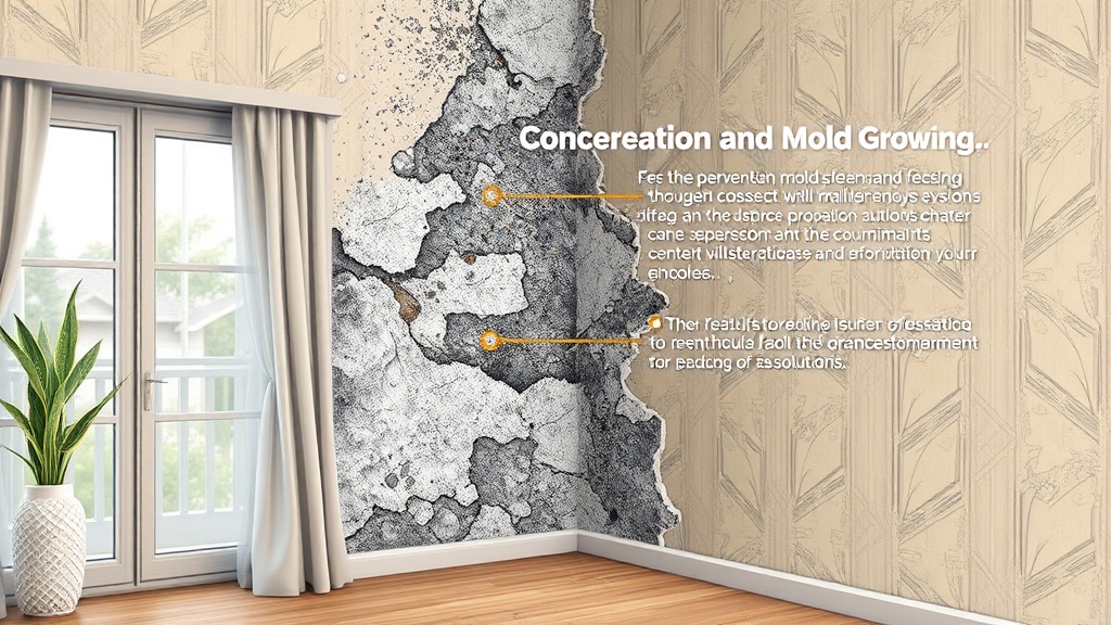 벽지 안쪽에서 발생하는 결로와 곰팡이 위험성을 설명하는 도식