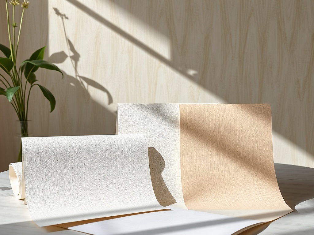 다양한 질감과 색상의 벽지 샘플들을 테이블 위에 펼쳐놓고 비교하는 장면